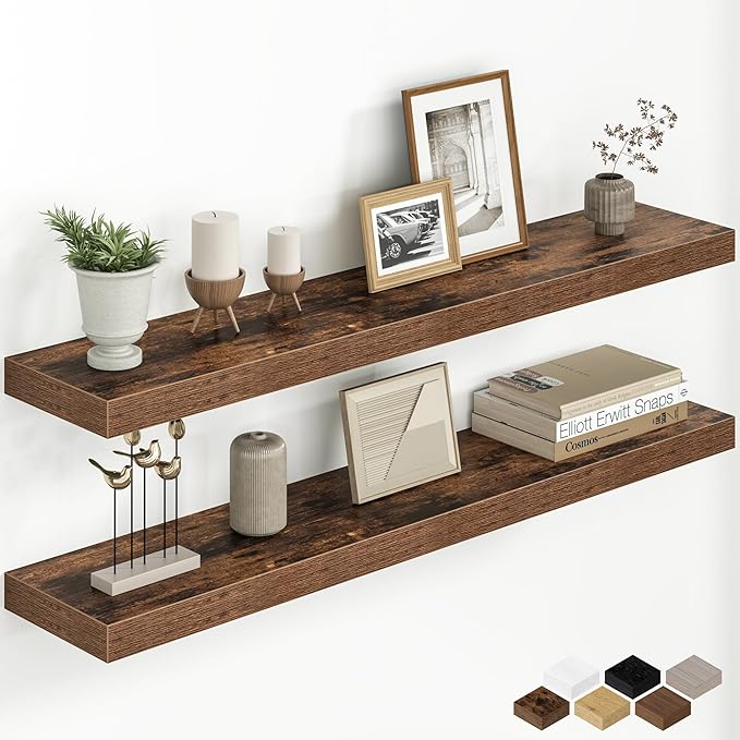 40 Inch Floating Shelves for Wall, 8 Inch Deep Rustic Wood Floating Shelves Set of 2, Wall Mounted Hanging Shelf with Invisible Brackets for Bathroom, Bedroom, Kitchen, Living Room, Rustic Brown