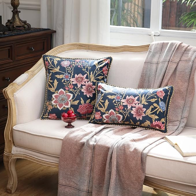 patdrea Designer French Velvet Throw Pillow Cover,Set of 4,-Oldgarden | Elegant Lumbar Pillow Case,Navy Blue Floral Pattern,Decorative Cushion Coverfor Couch Living Room Bedroom Sofa