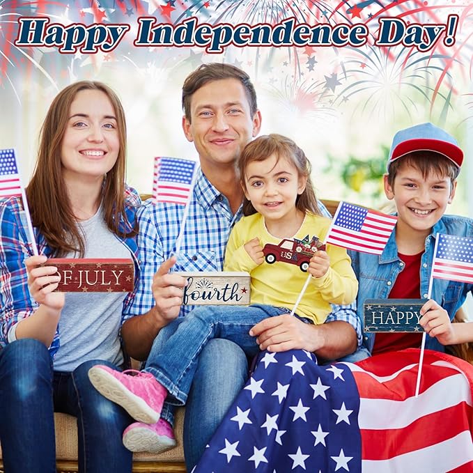 CroBlissful 4 Pcs 4th of July Decorations Patriotic Memorial Day Tabletop Decoration Wooden Star Block Signs Red White Blue Centerpieces 250th Anniversary for Office Tiered Tray Home Shelf