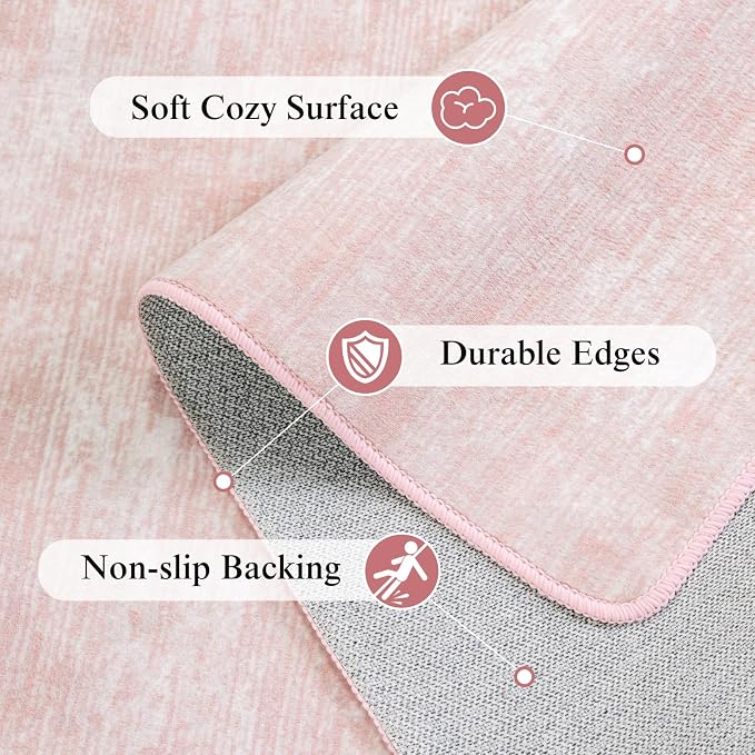 3x5 Washable Area Rug, Pink Solid Area Rugs for Living Room & Bedroom | Stain-resistant & Non-slip backing,Low Pile Washable Large Carpet, Solid Vintage Style For High Traffic Areas(3x5,Pink)