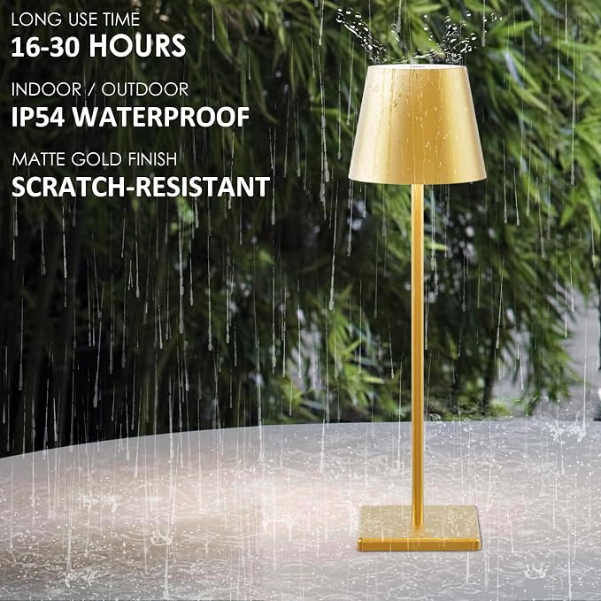 2-Pack LED Cordless Table Lamp 5000mAh Rechargeable Battery Operated Stepless Dimmable Portable Lamp for Restaurant, Bedroom, Outdoor (Gold)