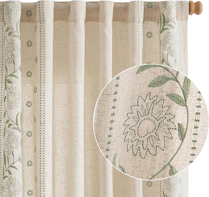 jinchan Winslow Linen Curtains for Bedroom 63 Inches Length Embroidered Bordered Floral Curtains for Living Room Farmhouse Decor Light Filtering Window Treatments Sage on Beige Drapes 2 Panels