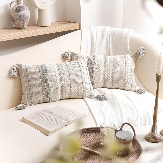 BlissBlush Decorative Lumbar Throw Pillow Covers 12x20 Combo Set of 2 Gray Rectangular Boho Accent Pillowcase Neutral Grey Farmhouse Cushion for Couch Sofa Bedroom Living Home Décor Cover ONLY