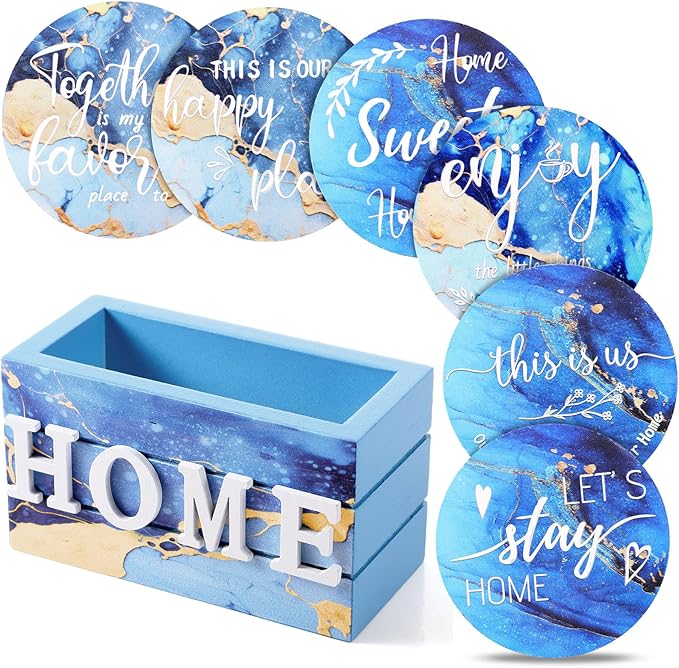 Queekay Coasters Set of 6 House Warming Gifts New Home Wooden Farmhouse Drink Coasters with Holder 4'' Funny Decoration for Kitchen Family Coffee Bar Tabletop Protection(Gilded Blue)