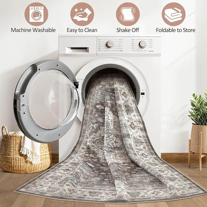 Runner Rug Kitchen Washable Rugs: 3x10 Non-Slip Boho Vintage Stain Resistant Indoor Neutral Farmhouse Throw Carpet for Hallway Bathroom Laundry Room Entryway Bedroom- Grey Brown