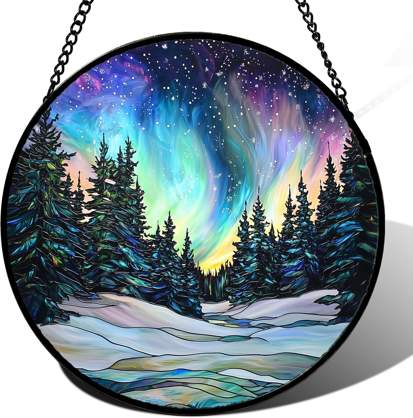 Stained Glass Window Hanging, Aurora Landscape Sun Catchers Glass Panel Green Trees Suncatcher Decor for Birthday for Women, Men, Wife, Aunt, and Mom 14.9x14.9 in