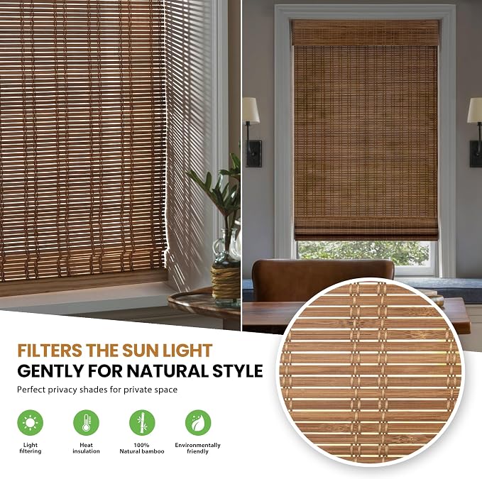 LazBlinds Cordless Bamboo Roman Shades for Windows, 23'' W x 60'' H | Natural Light Filtering Bamboo Window Blinds, Bamboo Blinds for Bedroom Living Room Office Indoor