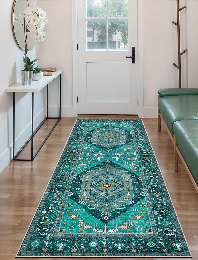 SERISSA Boho Washable Runner Rug, 2x6 Rug Runner Non-Slip Vintage Teal Hallway Kitchen Runner Rug Ultra Soft Print Distressed Tribal Floor Carpet Runner for Bedroom Bathroom Laundry Living Room