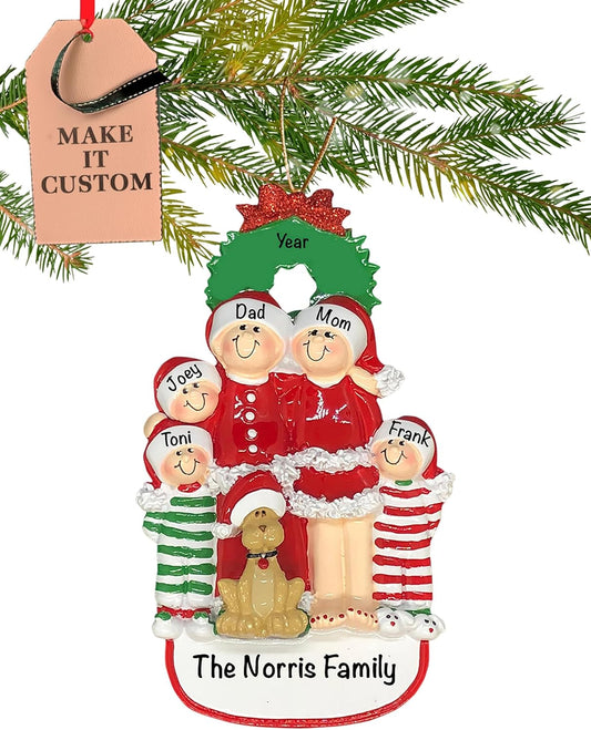 Personalized Family of 5 with Dog Ornament 2025 | Free 24h Customization | Christmas Ornaments for Tree | Custom Gift Wrapped Pet Keepsake for Dog-Lovers