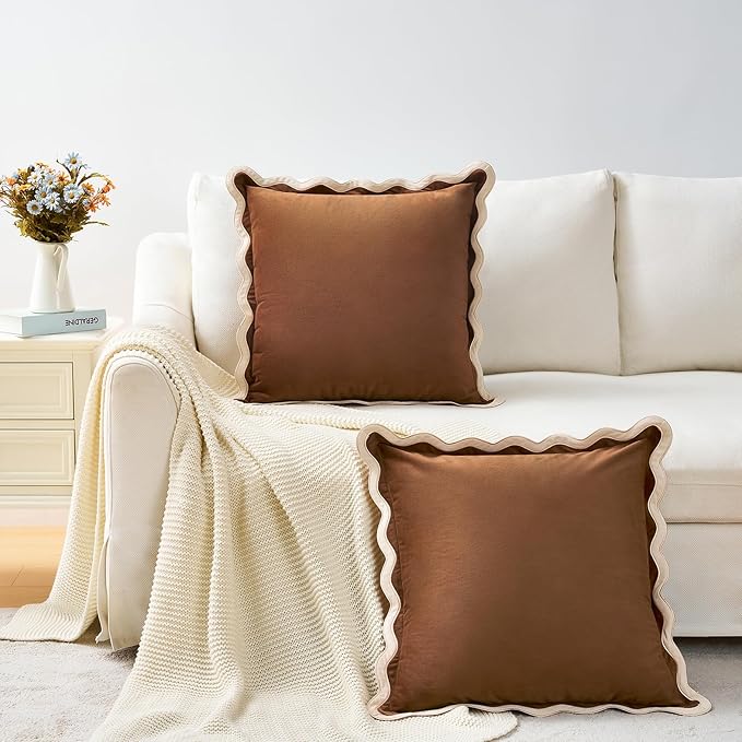 MONDAY MOOSE Decorative Throw Pillow Covers Cushion Cases, Set of 2 Soft Velvet Scalloped Wavy Edge Designs, Mix and Match for Home Decor, Pillow Inserts Not Included (20x20 inch, Beige/Brown)