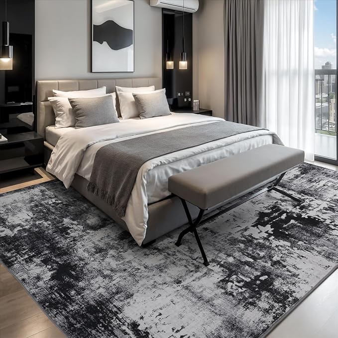 Rugflix 10x14 Area Rugs for Living Room, Black Grey Large Rug Stain-Resistant Low Pile, Big Washable Dark Carpet Non-Slip for Bedroom Dining Room Home Office Nursery Room