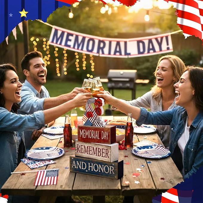 CroBlissful 4 Pcs Memorial Day Decorations Patriotic Remember Tabletop Decorations Star Ribbon Red White Blue 4th of July Table Centerpieces Sign for Office Tiered Tray Home Shelf 250th Anniversary