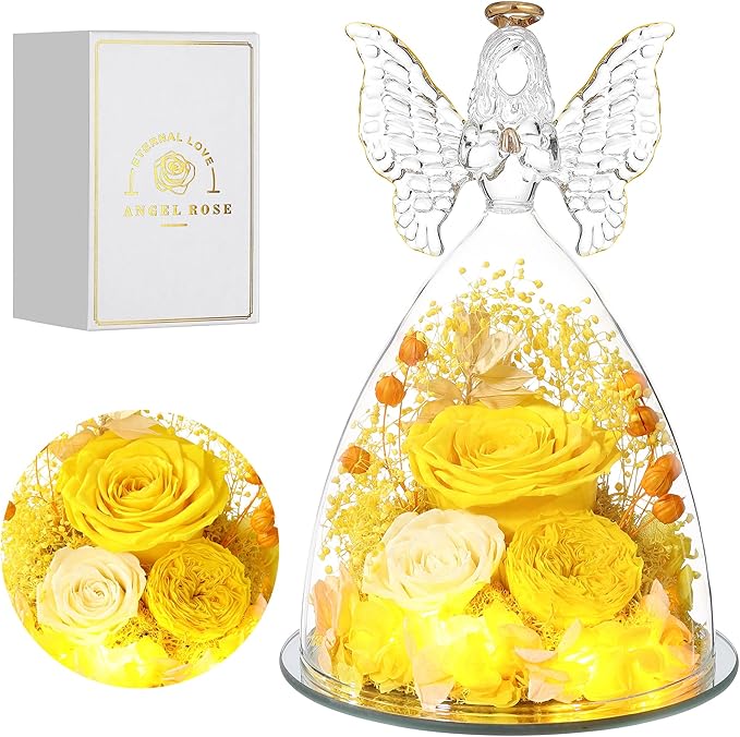 Mothers Day Rose Gifts for Women Preserved Real Flower in Glass Angel Figurines Roses for Delivery Prime Birthday Gifts for Mom Grandma Girlfriend Wife Her,Yellow Austin Roses