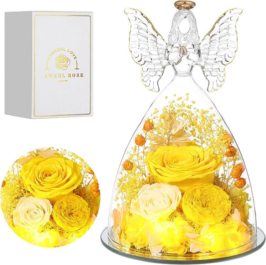 Mothers Day Rose Gifts for Women Preserved Real Flower in Glass Angel Figurines Roses for Delivery Prime Birthday Gifts for Mom Grandma Girlfriend Wife Her,Yellow Austin Roses