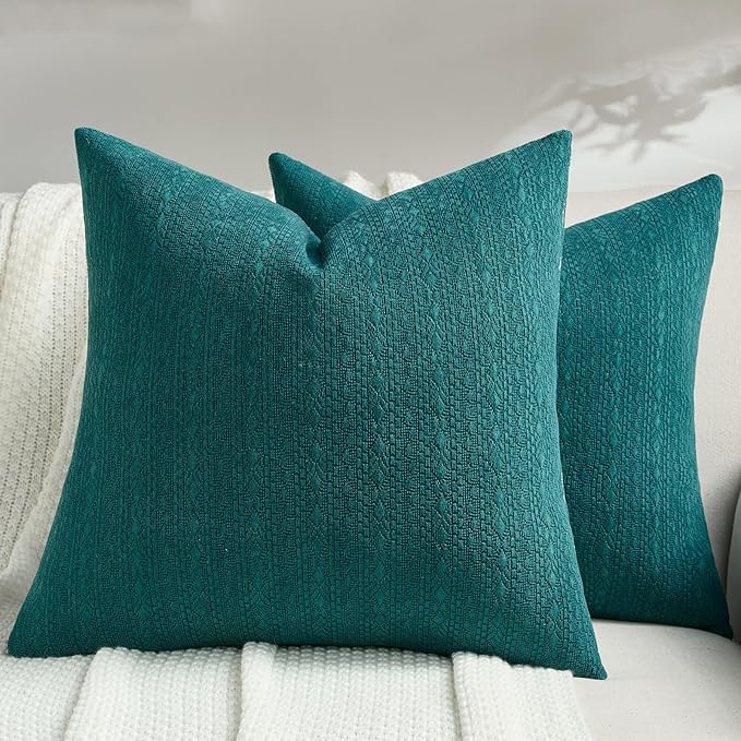 FUTEI Teal Chenille Throw Pillow Covers 22x22 Inch Set of 2,Soft Striped & Diamond Textured Cushion Cases,Modern Home Decor for Couch Living Room