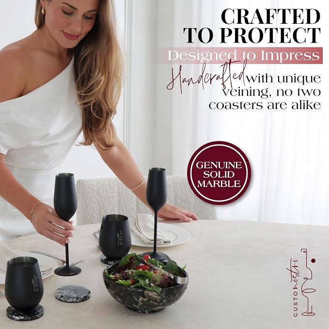 Gusto Nostro Black Marble Coasters Set of 6 with Non-Slip Backing - Luxury Natural Stone Coasters for Drinks - Genuine Marble Kitchen Accessories, Round Stone Coaster for Kitchen Counter, Coffee Table