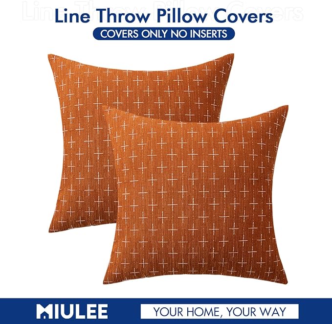 MIULEE Pack of 2 Decorative Burlap Linen Throw Pillow Covers Modern Farmhouse Pillowcase Rustic Woven Textured Cushion Cover for Sofa Couch Bed 24x24 Inch Rust