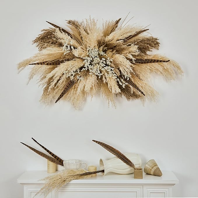 Natural Boho Pampas Grass Wall Hanging Decor - 35" Tall Dried Flowers for Home, Wedding, Rustic Farmhouse Decor