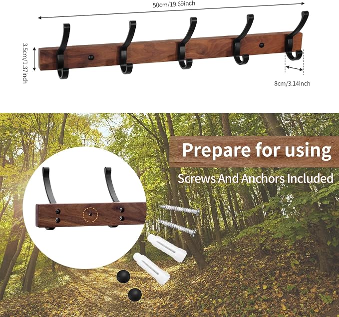 Coat Rack Wall Mounted, Heavy Duty Walnut Wood Hook Rack Rail with 5 Double Dual Metal Wall Hooks for Hanging Coats, 19.7" Long Hanging Coat Hanger for Entryway, Bathroom, Bedroom (Black)
