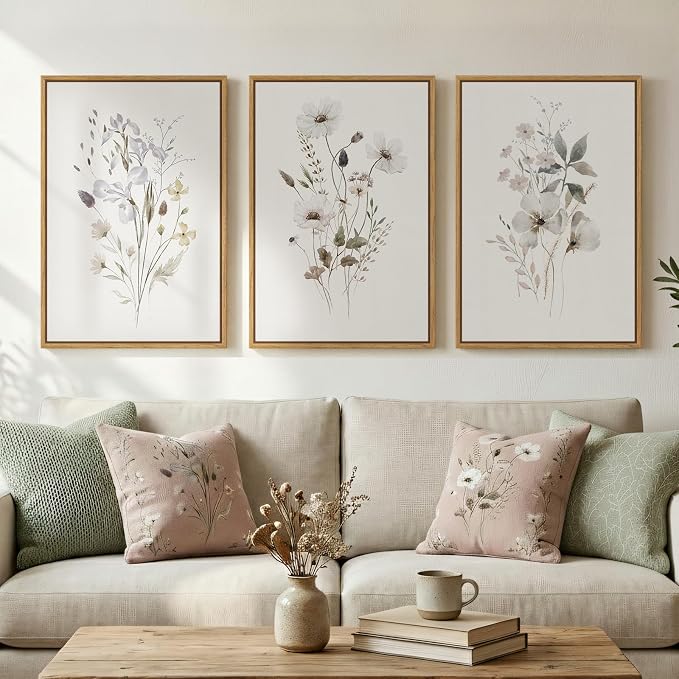 Framed Neutral Floral Botanical Wall Art Set of 3, Modern Farmhouse Flower Canvas Prints Paintings, Rustic Minimalist Wildflower Plant Pictures for Living Room Bedroom Hallway Wall Decor, 16x24 Inch