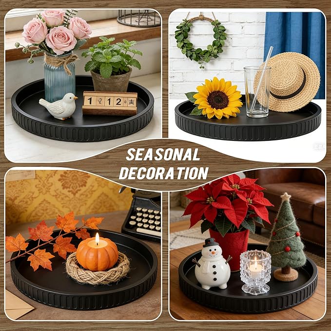 12in Decorative Tray for Coffee Table Tray Decor, Black 100% Solid Concrete Decorative Round Tray for Kitchen, Living Room, Home Decor