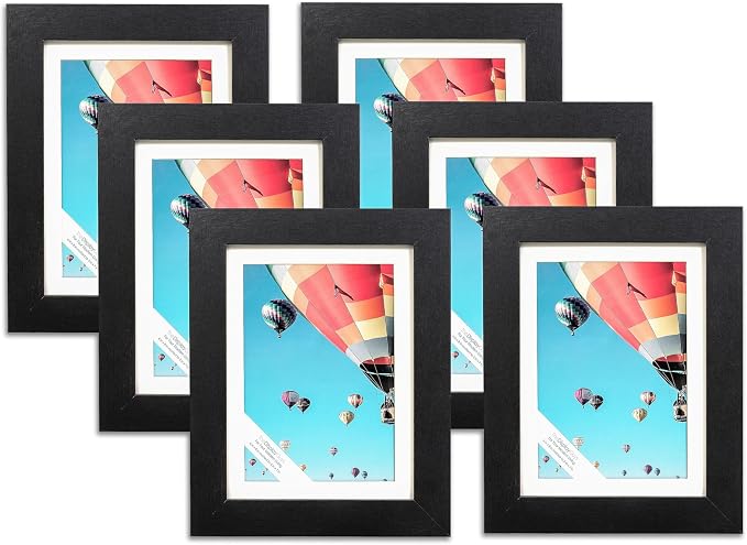 The Display Guys - Black Wooden Minimalist Picture Frames Set - Tempered Glass - 6x8 matted to 5x7 - Tabletop Easel - 6-Pack
