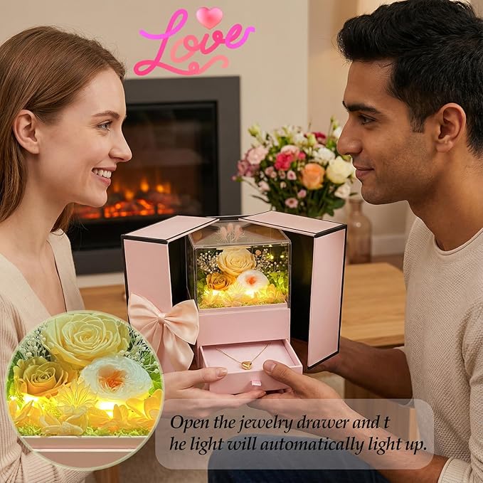 Preserved Flowers in A Gift Box with Bow - Forever Yellow Roses with Gold Heart Necklace for Her - Valentines Day Mother's Day Birthday Anniversary for Women Wife Mom Grandma (Yellow)