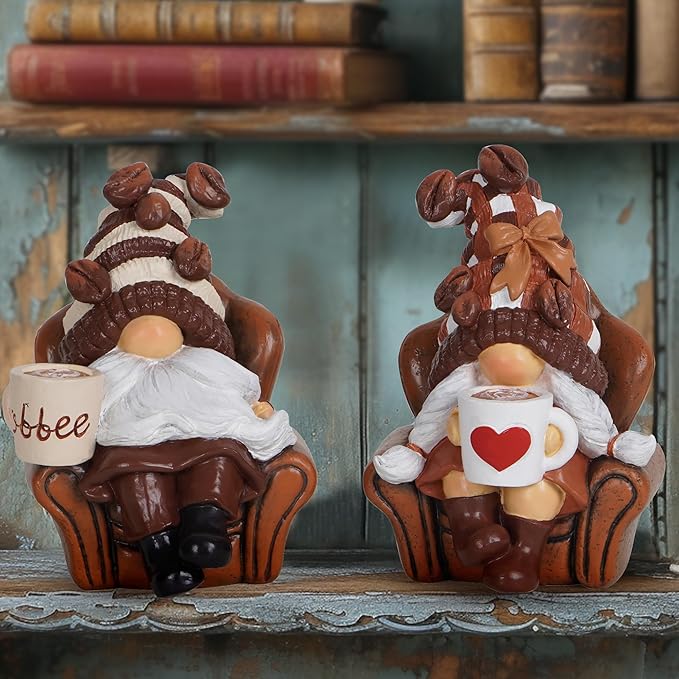 Hodao 2PCS Coffee Gnomes Coffee Bar Decor Accessories Spring Summer Swedish Tomte Elf Dwarf Figurines Leisure Time Gnomes Gift Tasteful Company on The Couch Indoor Home Decorations (Coffee1)