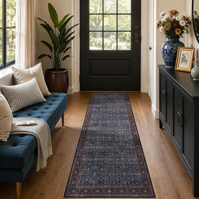 Dark Blue 2x6 Washable Runner Rug Non Slip, Old Money Aesthetic Carpet Runners for Hallway Kitchen 6ft Vintage Maximalist, Low Pile Thin Print Entryway Runner for Bathroom Mudroom Bedroom