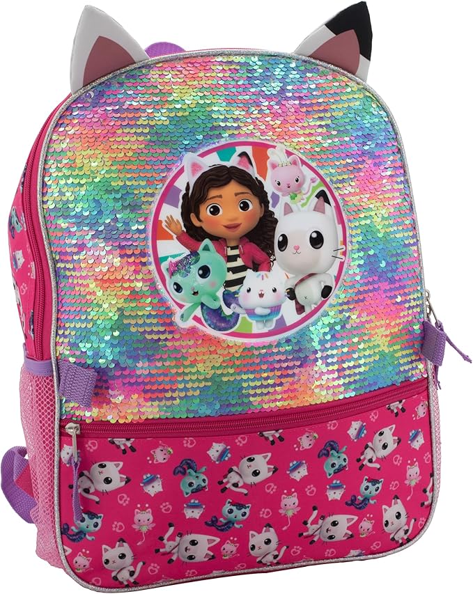AI ACCESSORY INNOVATIONS Gabby’s Doll House 4 Piece Backpack Set, Flip Sequin 16" School Bag for Girls with Front Zip Pocket, Pink