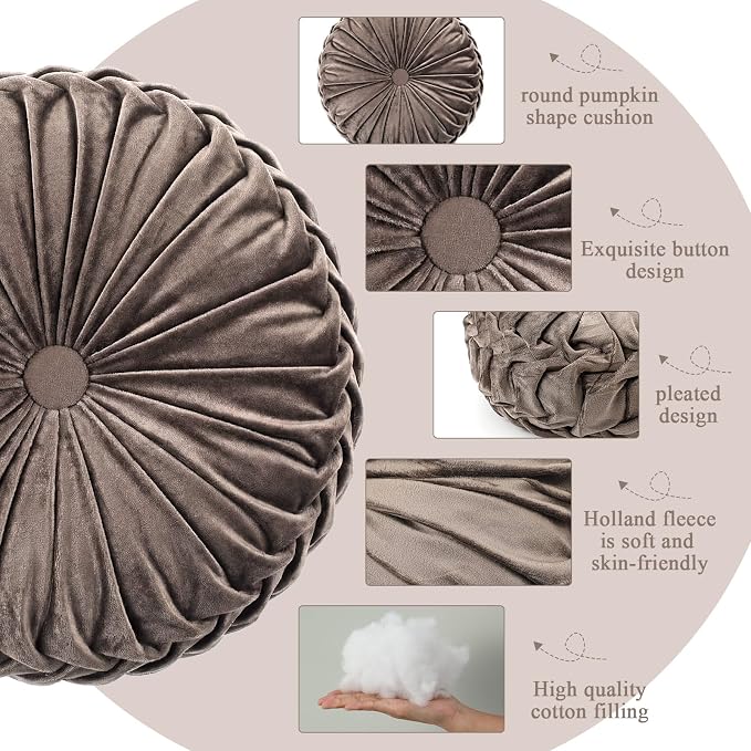 Drydiet 1 Pcs Round Throw Velvet Pillows Decorative Pleated Throw Pillows Diameter Accent Pumpkin Boho Chair Cushion for Couch Sofa Home Decoration (Taupe,15'')