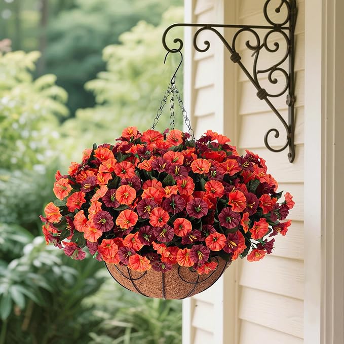 Ammyoo Artificial Hanging Flowers with Basket, Faux Silk Petunias Flower Arrangement, Coconut Lining with Morning Glories Fake Plants Patio Garden Porch Deck Spring Summer Decor(Orange Brown)