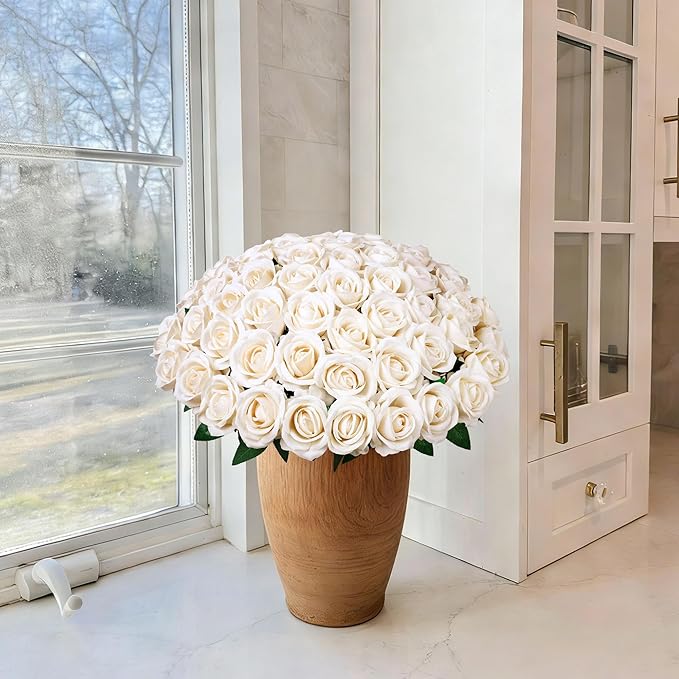50 PCS Champagne Roses Artificial Flowers, Fake Roses with Stem Realistic Silk Rose for DIY Wedding Bouquets Table Centerpieces Arrangements Baby Shower Birthday Home Decor Valentines Day Gift for Her