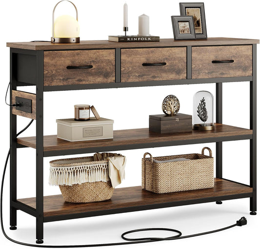 Lulive Entryway Table with Power Outlets, Console Table with 3 Fabric Drawers, Sofa Table for Living Room, Hallway, Couch, Foyer, Height Adjustable (Rustic Brown, 43")