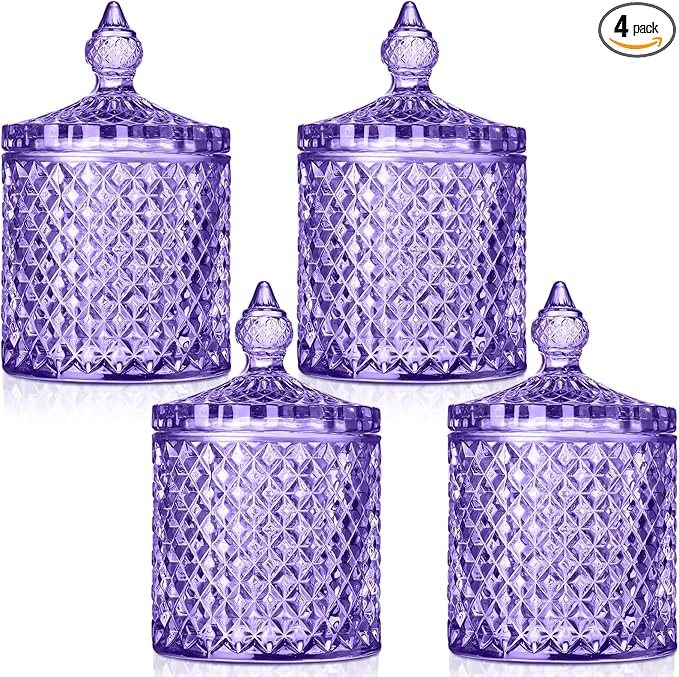 Aoriher 4 Pcs Crystal Glass Candy Jar Set with Lids Home Decorative Storage Jars for Apothecary, Bathroom, Kitchen, and Pantry, Ideal for Cotton Swabs and Jewelry(Medium,Light Purple)
