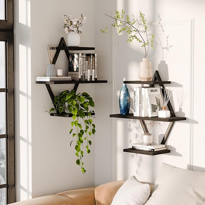 Floating Shelves, Wall Shelf Set of 2, Wall Mounted Shelves, 3-Tier Hanging Wall Shelves for Bathroom, Living Room, Bedroom, Kitchen, Office (Black)