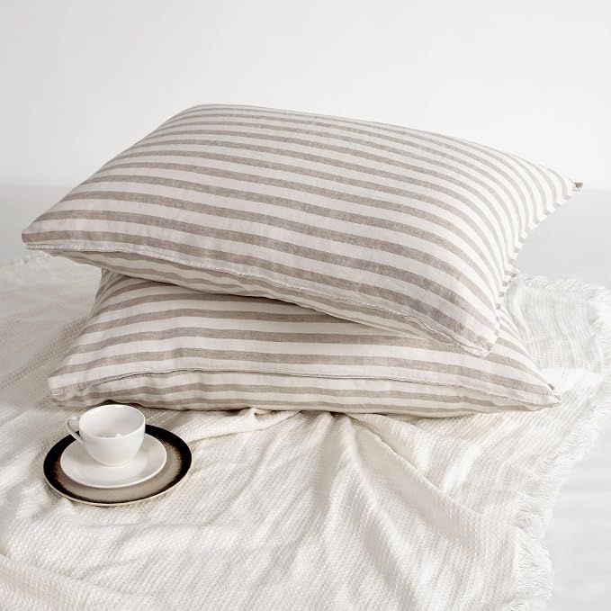 Linen World Striped Linen Pillow Cases Set of 2,20"x40" King Size,100% French Natural Flax Soft Pillowcases,Natural Stripe
