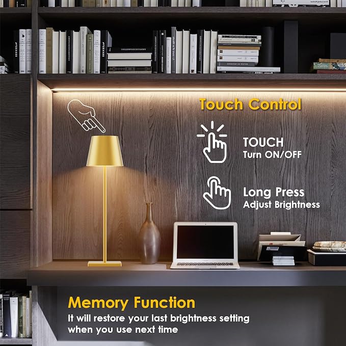 2-Pack LED Cordless Table Lamp 5000mAh Rechargeable Battery Operated Stepless Dimmable Portable Lamp for Restaurant, Bedroom, Outdoor (Gold)