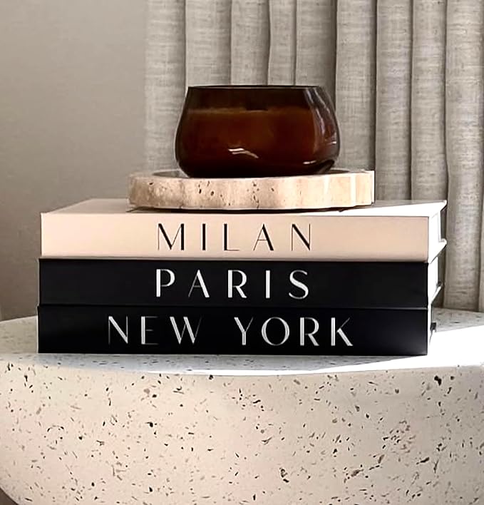 Decorative Books for Home Decor, Small Fake Books for Decoration with Blank Pages – Fashion Designer Coffee Table Book Decor Set of 3, Modern Book Stack Shelf Decor – Hardcover, Black/Cream