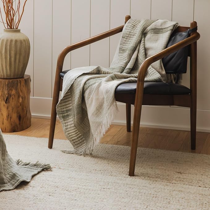 Zen Garden Plaid Throw Blanket 55x80, Sage Neutral Plaid 100% Cotton Decorative Sofa and Bed Blanket, Lightweight All-Season Throw, Handwoven in India, Luxury Bedding Accent
