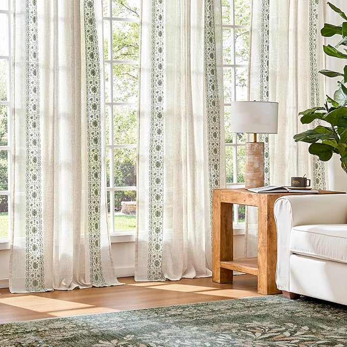 jinchan Weslie Boho Curtains for Bedroom 4 Pack Sage Green Vintage Floral Farmhouse Curtains 63 Inch Linen Drapes for Living Room Embroidered Light Filtering Drapes Cottagecore Sage on Beige