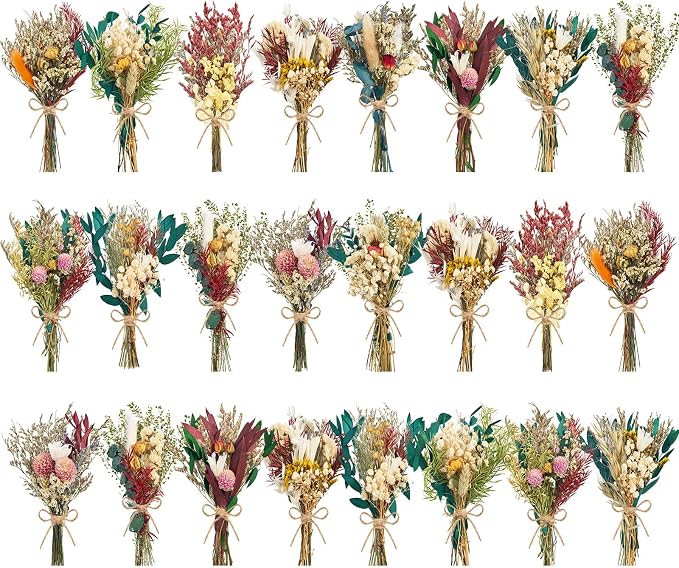 12/24PCS Handmade Dried Flower Bouquet with Stems Natural Dried Wildflowers 7.5 Inch Mini Dry Flowers for Vase Farmhouse Decor, Wedding Styling, Photography Props, Gift DIY(24pcs, Bright)