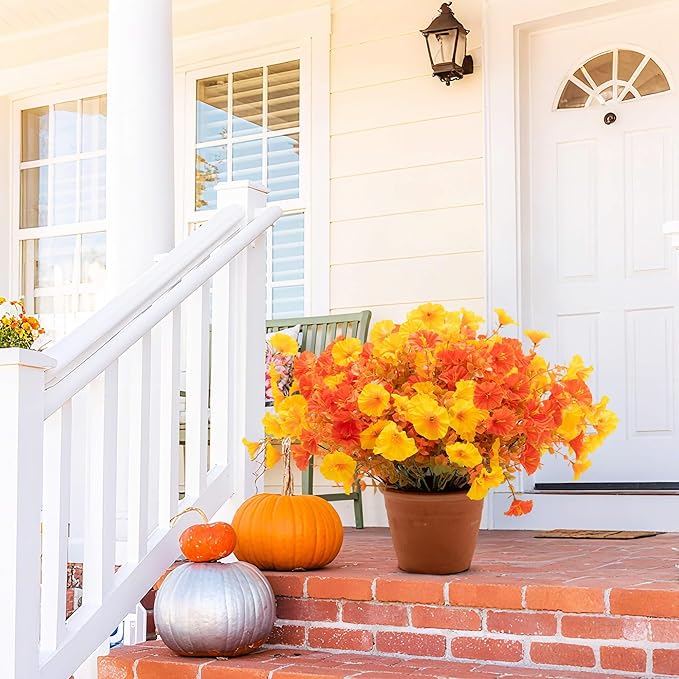 16 Bundles Fall Mums Artificial Flowers for Outdoor Decoration,Realistic Fake Plants Orange Red Petunias, UV Resistant Faux Yellow Silk Flowers for Vase Planter Front door Porch Garden (Autumn)