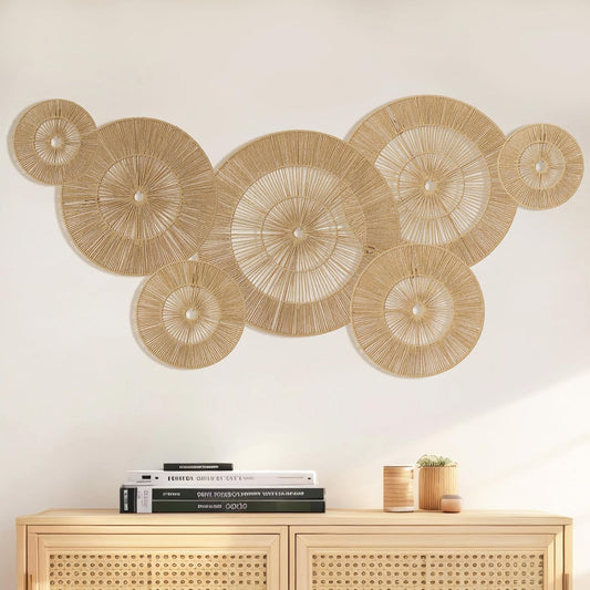 Mokof 7 Pack Boho Wall Decor Round Baskets Set (Small 7" to Largest 17") - Handwoven Large Wall Hanging Art for Bedroom, Living Room, Home Office