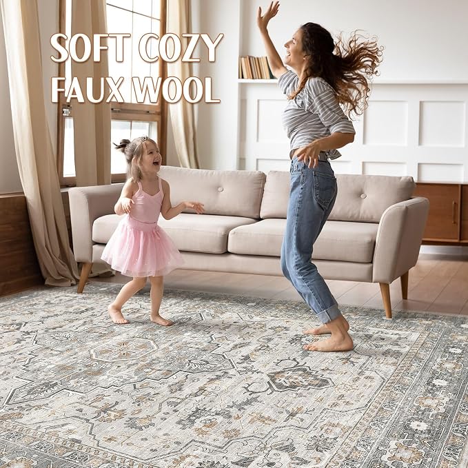 10x13 Area Rug Living Room: Washable Boho Large Neutral Vintage Soft Rug Stain Resistant Distressed Farmhouse Non-Slip Indoor Floor Carpet for Bedroom Nursery Kids Office Dining Room- Taupe