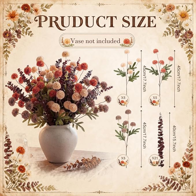 Hoteam 36 Pcs Artificial Chrysanthemum Flowers Bouquet with Dried Eucalyptus Leaves 15 Stems Fake Mums 21 Stems Preserved Eucalyptus for Vase Home Decor Wedding Centerpieces (Burnt Orange)