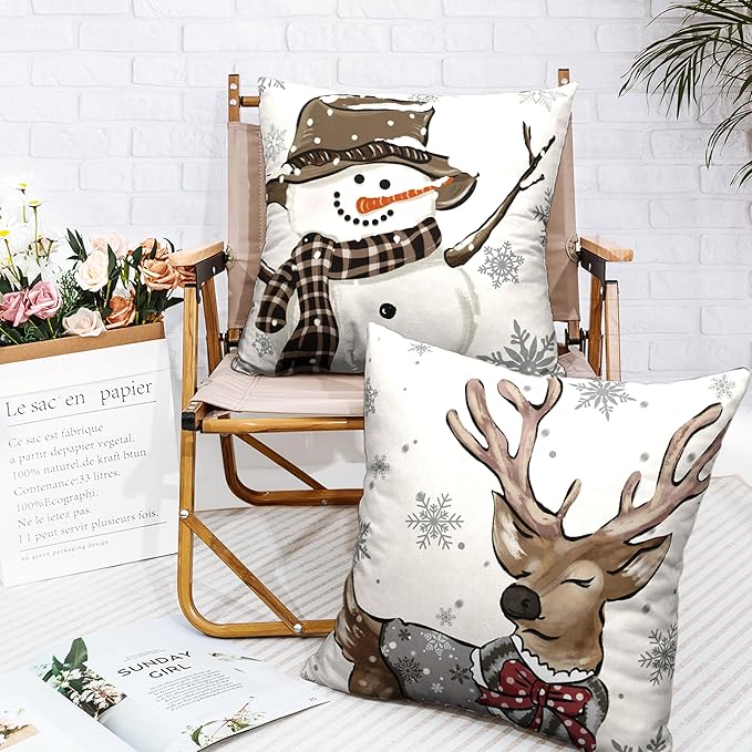 Christmas Outdoor Pillow Covers 16x16 Set of 2 Brown Snowman Reindeer with Snowflakes Throw Pillow Covers Decorative Cotton Linen Cushion Case for Home Decor Couch Living Room