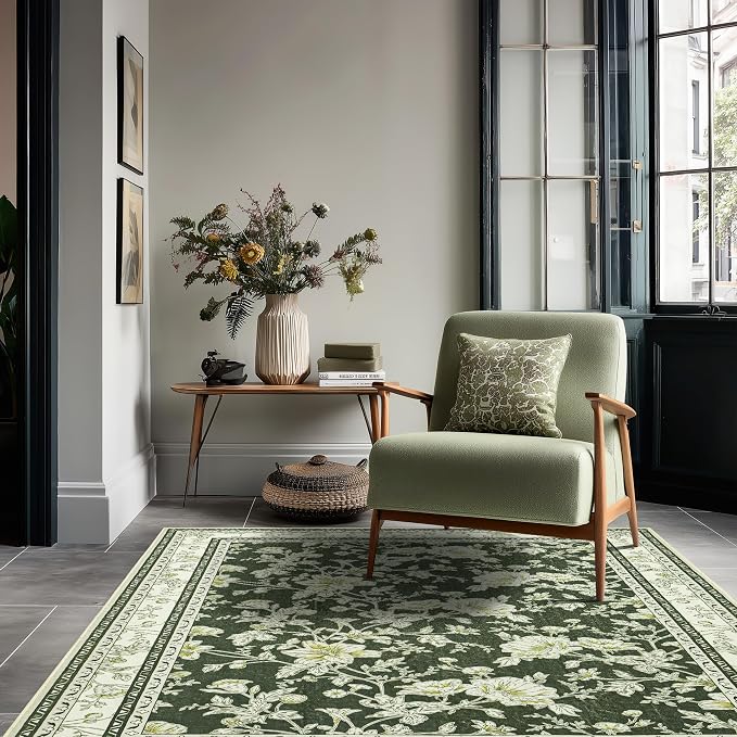 Olive Green Floral Print Area Rugs for Bedroom Living Room Boho Farmhouse Country Rustic Dining Room Carpet Soft Washable Rugs Non Slip Floor Covering for Nursery Playroom 4x6