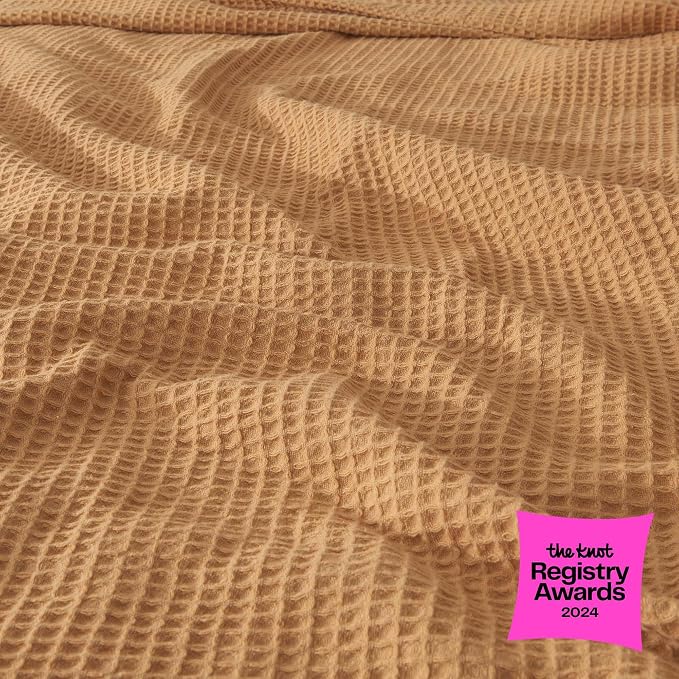 100% Cotton Yellow Blanket Full/Queen Size for Bed - Breathable and Soft, Waffle Weave for Summer Spring, 90x90 Inches (Marigold)