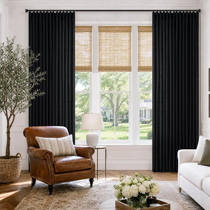 120 Inches Linen Pleated Black Curtains for Large Living Room Memory Trained Light Filtering Sheer Retro Vintage Drapes with Hooks Rings Extra Long Pinch Pleat Curtain for Bedroom 10 FT 2 Panels